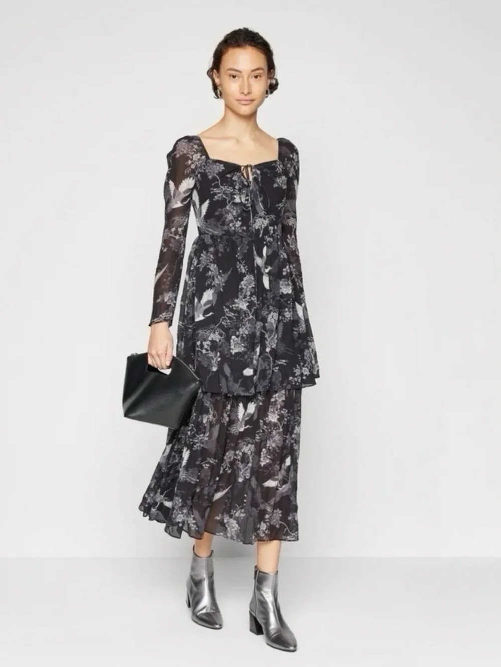 NEW All Saints Women’s Devyn Peggy Floral Print Long Sleeve Maxi Dress Black 0 - Picture 4 of 11